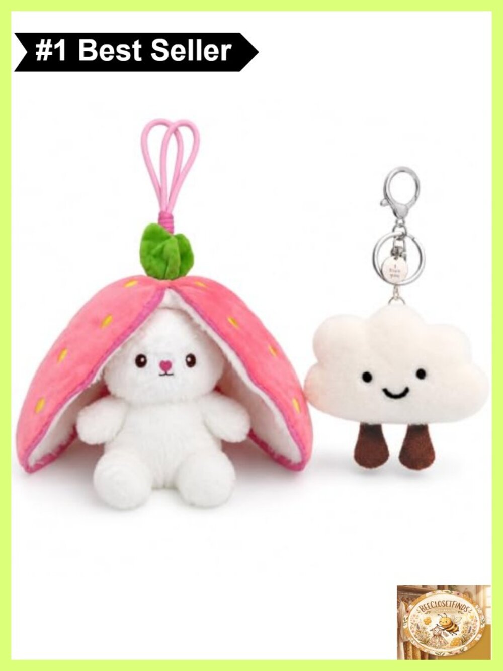 2-Piece Plush Keychain Set Strawberry Bunny Cloud Charm Backpack Purse